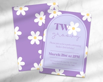 Two Groovy Birthday Party Invitation | Flower Power 2nd Birthday Invite | Groovy Birthday Canva Template Instant Download