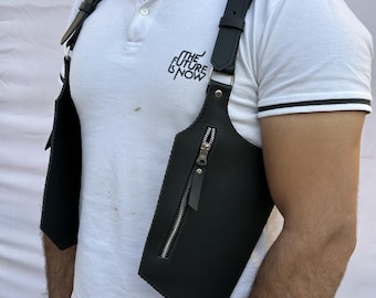 Geninun Leather Holster Bag Tan Leather Shoulder Bag Leather Festival Bag Burning man Holster Leather Double Holste