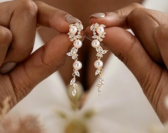 Blattgold Diamant Perle Ohrringe, Kristall Hochzeit Ohrringe, Braut Ohrringe, Alltag Ohrringe, Jubiläumsgeschenke, Brautjungfer Geschenke, Geburtstagsgeschenk