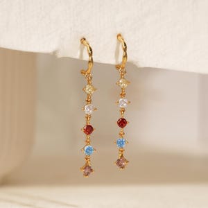 Rainbow CZ Drop Earrings - Gold Drop Earrings With Diamond - Minimalist Dangle Earrings - Wedding Jewelry - Bridesmaid Gift - Gift For Wife