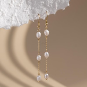 Dainty Long Dangle Pearl Earrings,Gold Drop Tassel Earrings,Wedding Bride Earrings,Bridesmaid Earrings,Long Pearl Bridal Earrings for Her