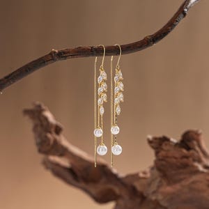 Pendientes de diamantes con hojas de oro - Pendientes con borlas - Pendientes de novia de cristal - Pendientes de perlas - Regalos para damas de honor - Pendientes de novia - Pendientes de boda