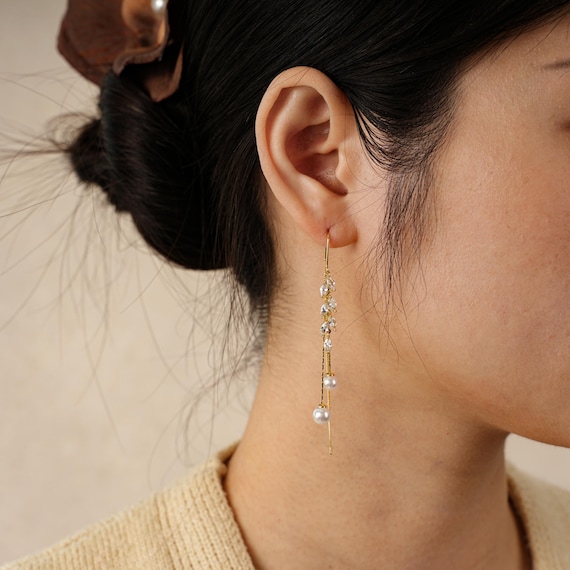 Dainty Long Pearl Drop Earrings -long Chain Earrings -4K
