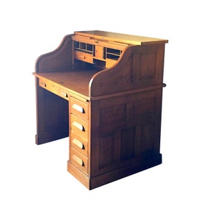 Small Roll Top Desk, Antique Solid Wood Ladies Office Decor, Edwardian Furniture