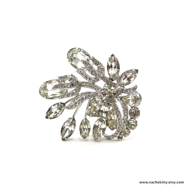 1940s Eisenberg Rhinestone Brooch Flower Design Vintage Jewelry