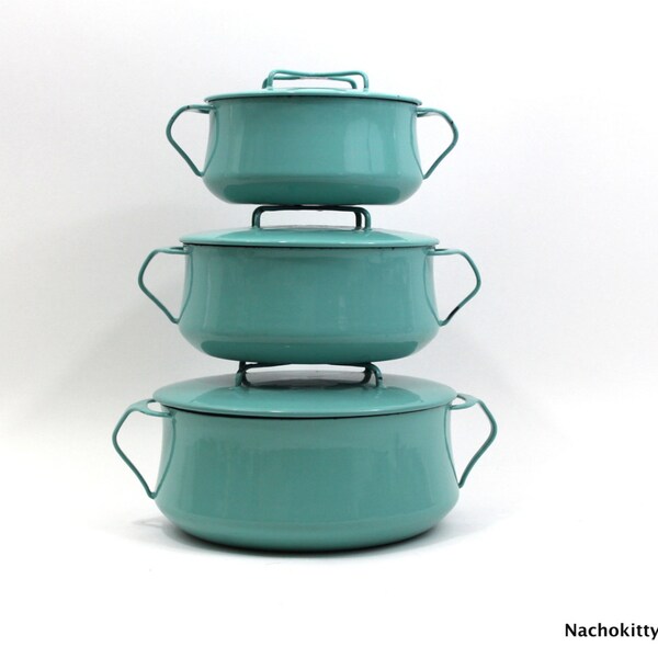 3 Dansk Turquoise Lidded Vintage Casserole Graduated Sizes