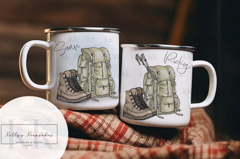 May include: Two white enamel mugs with silver rims, each featuring a hiking-themed design. One mug has the name "Sean" and the other "Ricky" in script. The designs include a backpack, hiking boots, and trekking poles.
