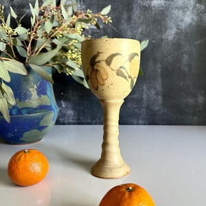 Handmade Pottery Wine Goblet Vines and Floral