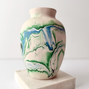 Nemadji Pottery Vase Green and Blue Swirled Vase