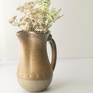 Vintage Tan Textured Pottery Pitcher Floral Vase Jug with Handle