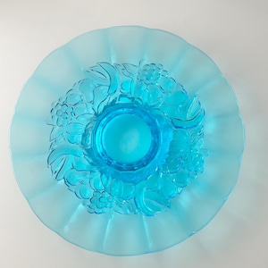 Indiana Glass Cake Base Platter Fruit Garland Pattern Electric Blue Pedastle Base Cake Plate