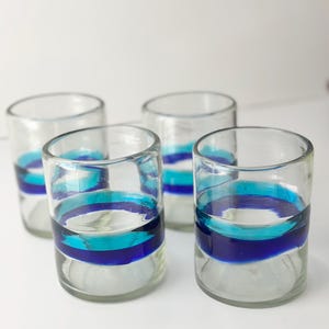 Hand Blown Set of 4 Short Glass Drinking Tumblers Double Cobalt Blue Stripe