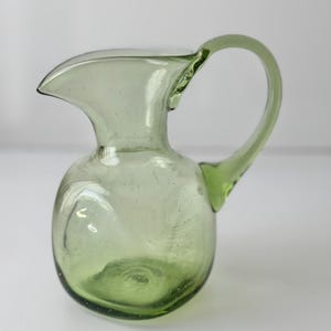 Vintage Green Clear Square Blown Glass Juice, Water Jug or Drink Pitcher Floral Vase