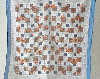 Bufanda cuadrada de algodón azul y naranja con estampado floral vintage