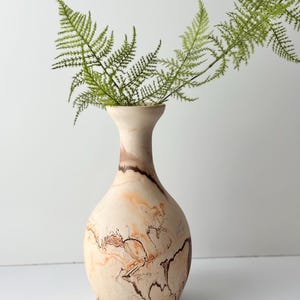 Long Neck Nemadji USA Pottery Vase Orange Beige and Brown Swirled Design