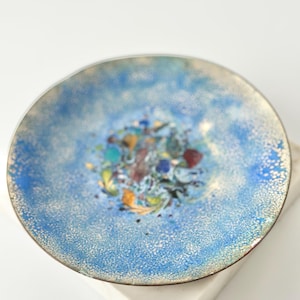 Vintage Multicolor Enameled Copper Trinket Dish Plate Artist Signed Little Lane 63