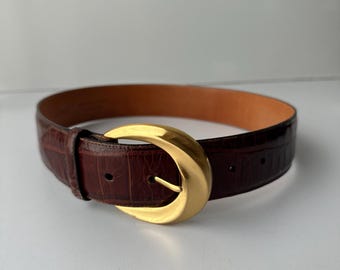 Cinturón Brighton 1991 de piel de becerro con relieve de reptil sobre cuero de silla de montar marrón y hebilla de latón