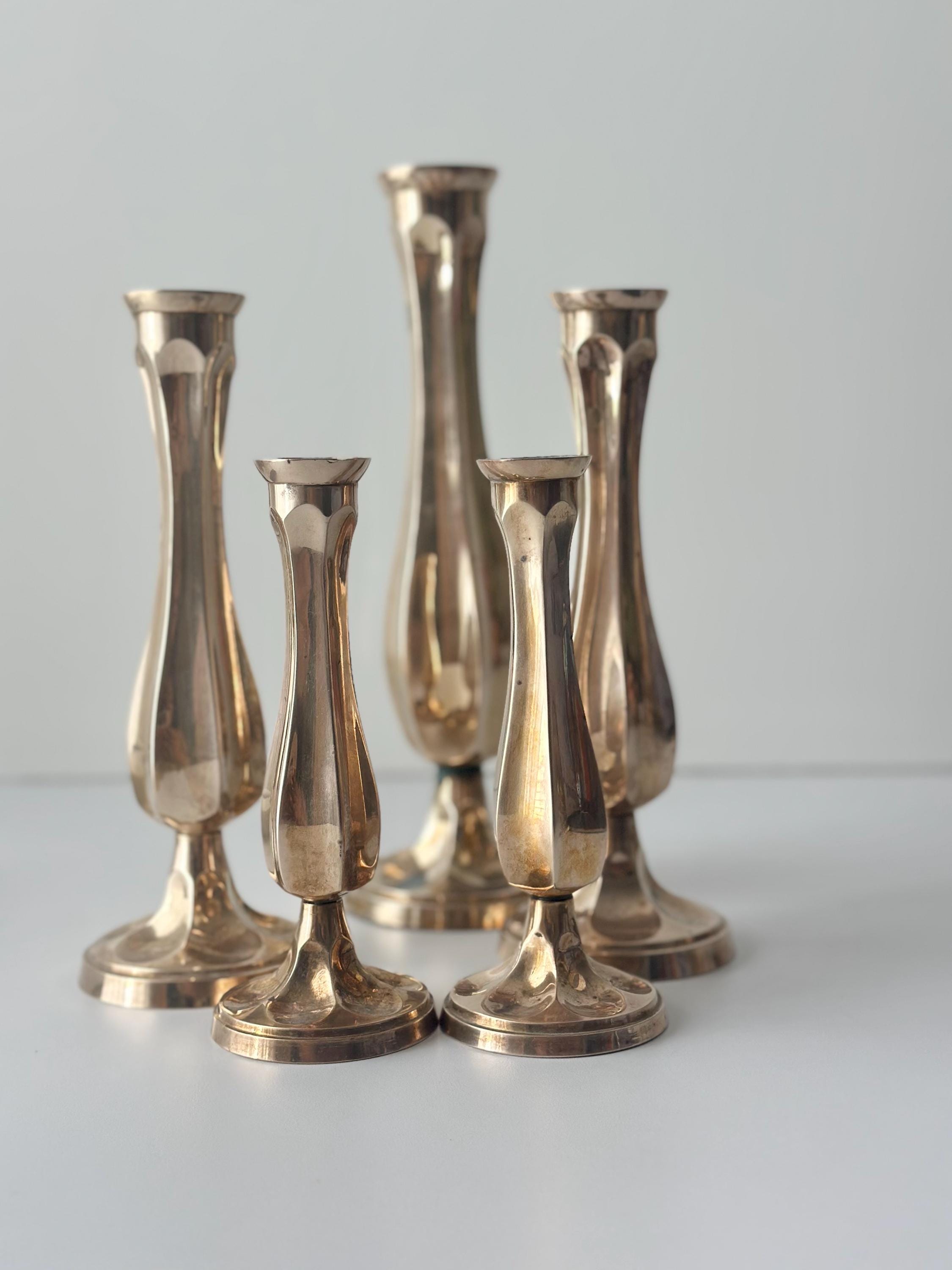 Vintage Fluted Brass Candle Holders - Set of 5 - Trumpet Base