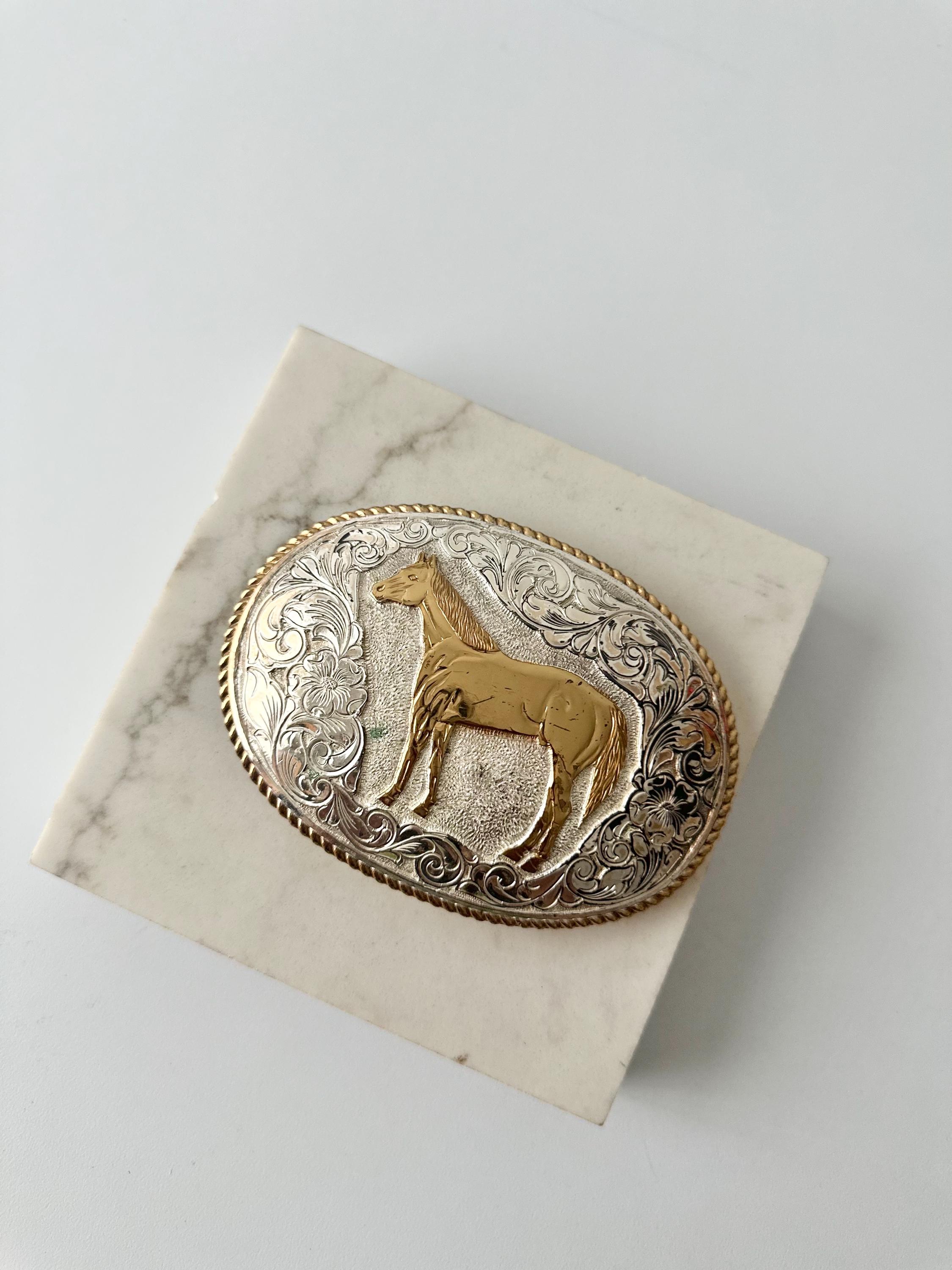 Crumrine Western Horse Vintage Belt Buckle - Etsy Crumrine Engraved Gold Horse with Floral Design on Silverplate. New with tags. main image 2