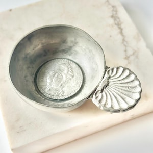 Finstain Maria Theresa Kaiserin Vintage Pewter Wine Tasting Cup One Handle Tastevin Shell Handle