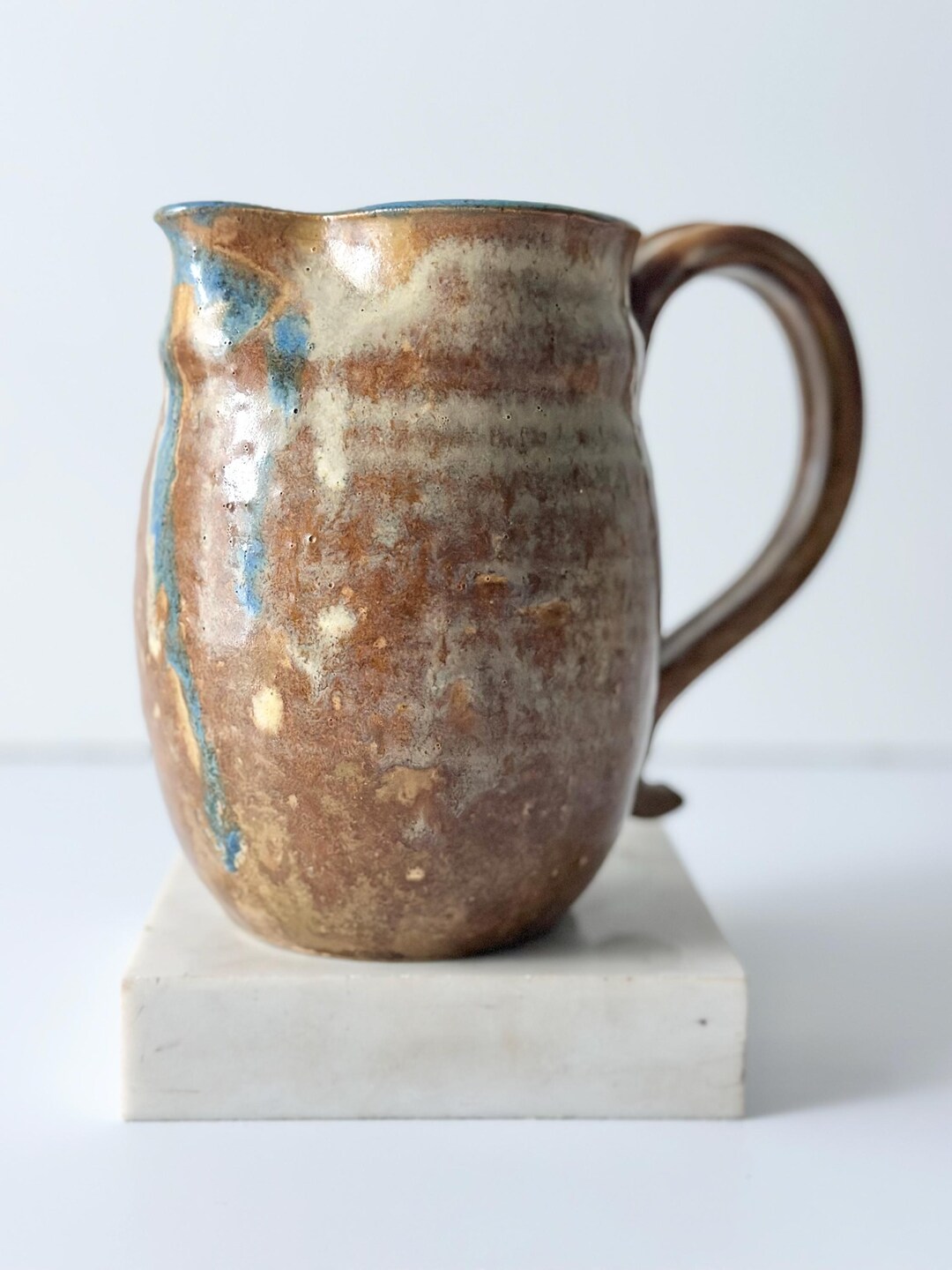 Drip Glazed Pottery Pitcher Blue and Tonal Brown - Etsy