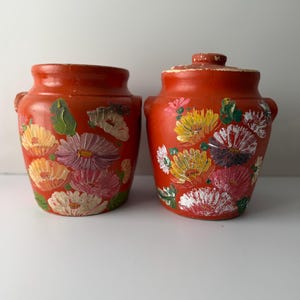 Ransburg Pottery Indiana USA Handbemalte Blumen Cookie-Dose oder Vase - Astern auf Orange