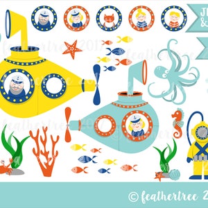 Submarine Clip Art Under the Sea Yellow Submarine, Octopus, Deep Sea Diver etc 300 dpi Jpeg and Png files INSTANT DOWNLOAD image 1