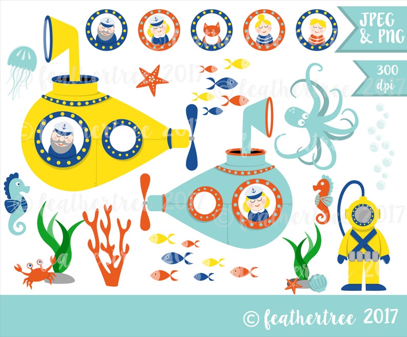 Submarine Clip Art Under the Sea Yellow Submarine, Octopus, Deep Sea Diver etc 300 dpi Jpeg and Png files INSTANT DOWNLOAD image 1