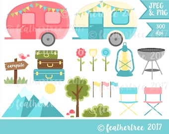 DIGITAL CLIPART - Caravan, Camping, Summer, Holiday, Mountains, Outdoors - Instant Download 300dpi Jpeg and Png