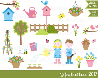 Digital Clipart - Cute Gardening Set - Birds - Birdhouse - Garden - Boy - Girl - 300 dpi JPEG and PNG files - Instant Download