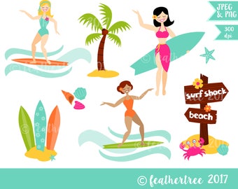 Digital Clipart - Tropical Surfer Girl - Beach - Surf - Hawaii - Summer - 300 dpi JPEG and PNG - instant download