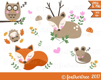 Digital Clipart - Sleeping Woodland Animals - Autumn / Fall - 300dpi JPEG and PNG files - Fox - Deer - Hedgehog - Owl - Mouse - Very Cute!