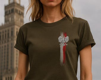 Shirt met witte adelaar embleem met verticale Poolse vlag, Polish Pride-kleding, T-shirt met rode en witte vlag, Poolse erfgoedkleding, uniek cadeau Polen