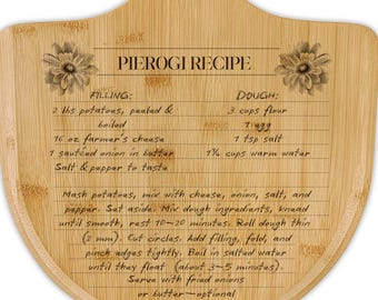 Pierogi-snijplank met recept, Pools keukendecor voor pierogi-liefhebbers, gegraveerde bamboeplank met traditionele Poolse keuken