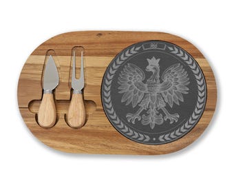 Poolse adelaar vleeswarenplank, collectible Polen 966 cadeau, uniek Pools erfgoed leisteen en houten kaasplank, Poolse verzamelcadeaus
