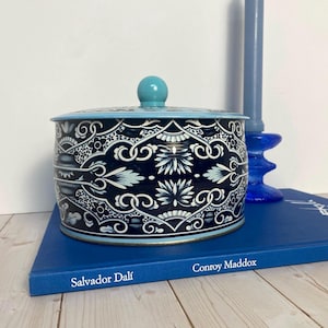 Vintage Floral Tin Canister: Blue & White Cottagecore Decor, Made in England