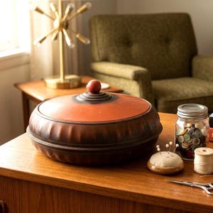 May include: A round, low-profile lidded container made of dark brown and terracotta-colored ceramic with a fluted base and a small, spherical knob on top. Next to it sits a glass jar filled with assorted buttons, a pin cushion, and a spool of thread.