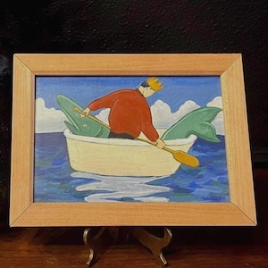Original  Fisherman painting, framed and on wood, artist signed, wierd small art