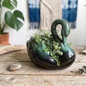 Blue Mountain Pottery Swan Dish: Green Drip Glaze Planter | Modern Cottage