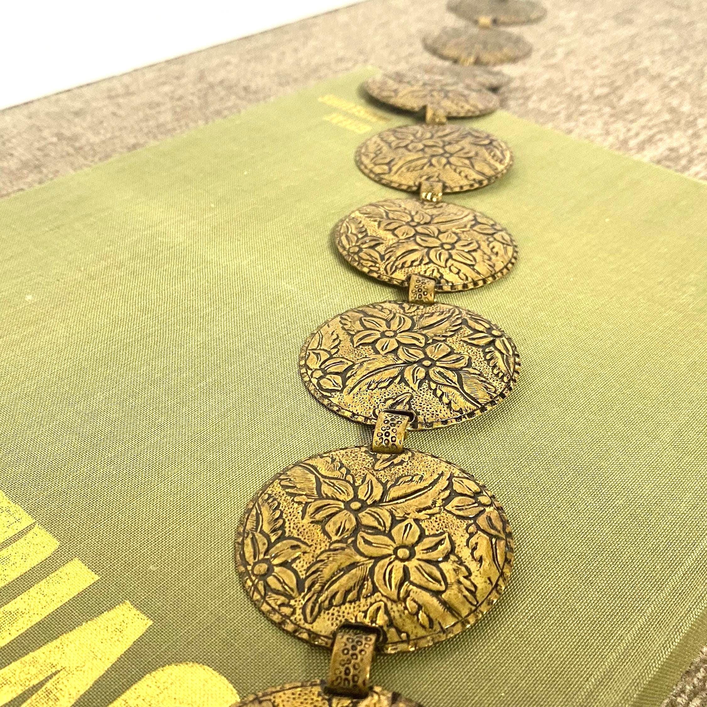 Vintage Brass Embossed Floral Belt, Medallion Chain Link  display picture 1