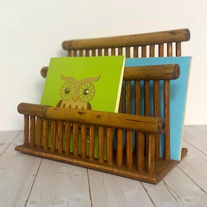 Vintage burnt Bamboo desk organizer, office letter / mail holder, natural decor, Cottagecore