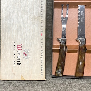 Vintage Warwick Sheffield Carving Knife and Fork Set: Marbled Handles, Original Box