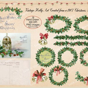 Holly Clip Art, impression de carte postale de Noël vintage 1907, téléchargement numérique, carte postale de Noël, couronne de houx, cloches en argent, guirlande de houx, noeud rouge