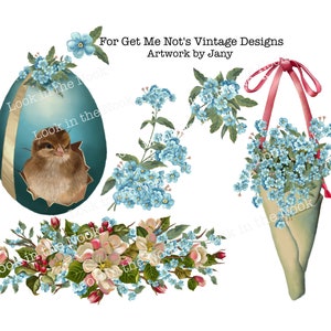 Graphismes floraux, clipart Forget Me Nots, illustration d'oeuf de Pâques et de poussin, spray floral, téléchargement immédiat, cône en papier pour le 1er mai, fleurs de printemps