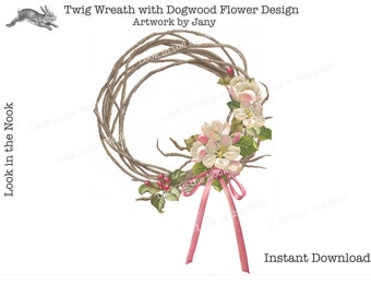 Twig Wreath Clip Art, Dogwood Flower, INSTANT DOWNLOAD, Spring Flowers, PNG File, Flower wreath, Graphic Art, Illustrated Art, Digital art