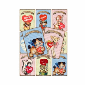 Animales de San Valentín antiguos, hojas de collage digital, descargas imprimibles de San Valentín, arte efímero alterado, recortes de San Valentín, recortes de San Valentín