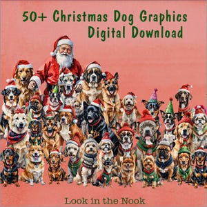 May include: A digital download graphic featuring over 50 Christmas dog graphics. The dogs are wearing Santa hats, sweaters, and other festive attire. The background is a solid coral color, with the text "50+ Christmas Dog Graphics Digital Download" in green.