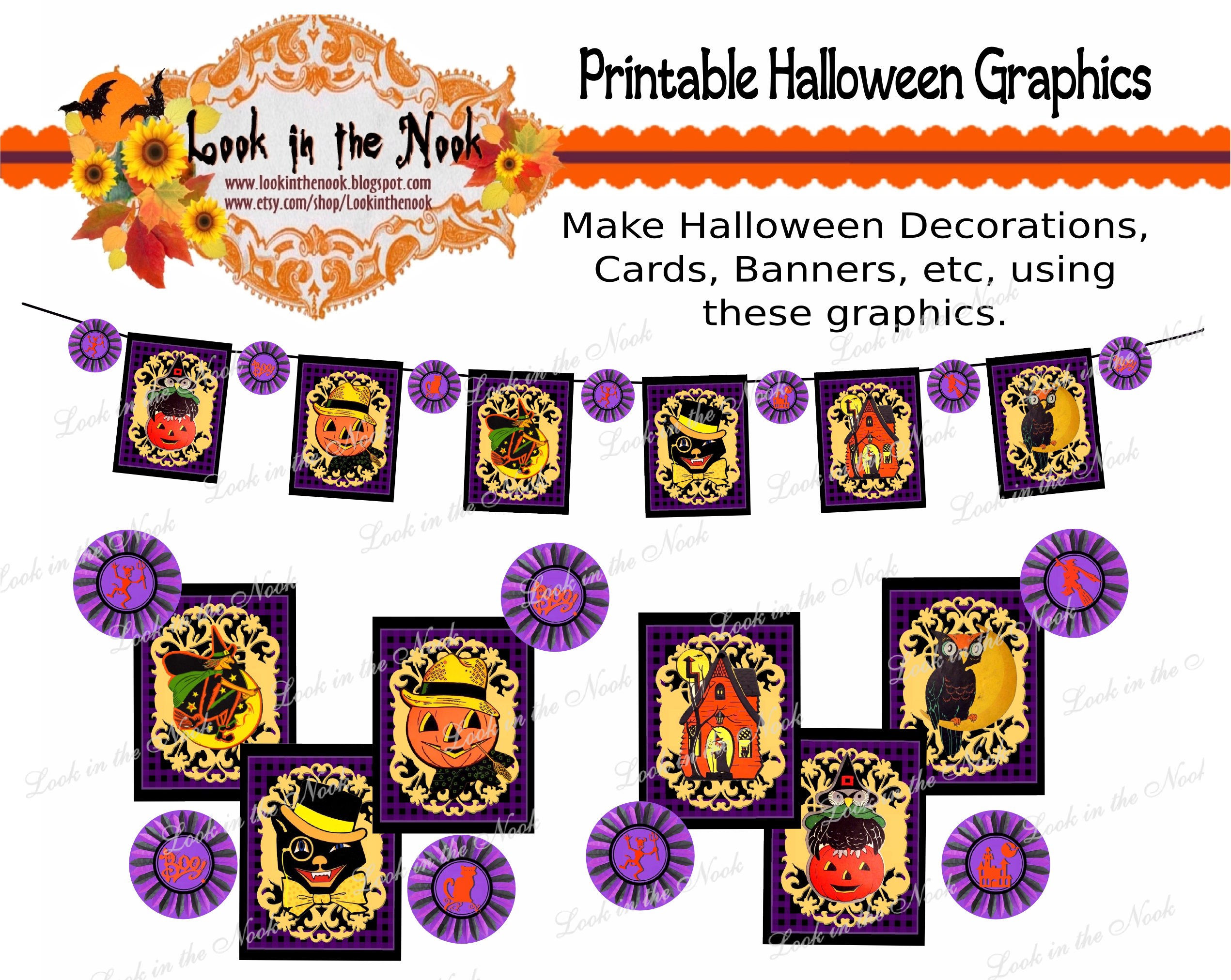 Vintage Halloween Graphics: Witch, Owl, Haunted House (Digital Download)