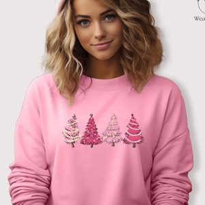 Pink Christmas Trees Jumpers, Christmas Crewneck Printed Sweatshirt, Xmas Matching Pink Trees Unisex Sweaters, Christmas Eve Party Outfits