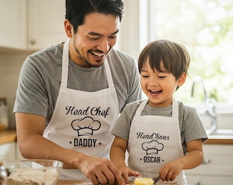 Tablier personnalisé assorti pour papa et enfants, tablier nom personnalisé de chef cuisinier/sous de chef, cadeaux de fête des pères, tabliers papa et moi, cadeau de cuisine papa